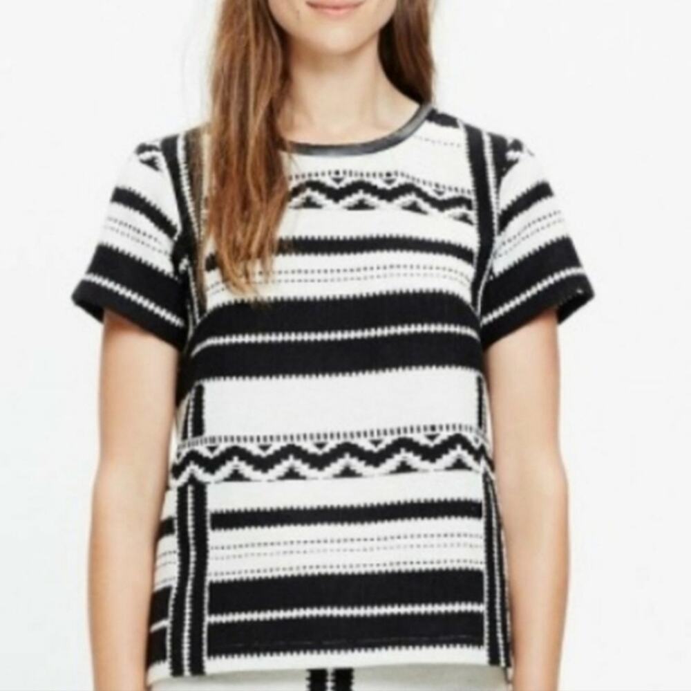 Madewell Crew Neck Striped Short Sleeve Knit Top Black White Geometric M